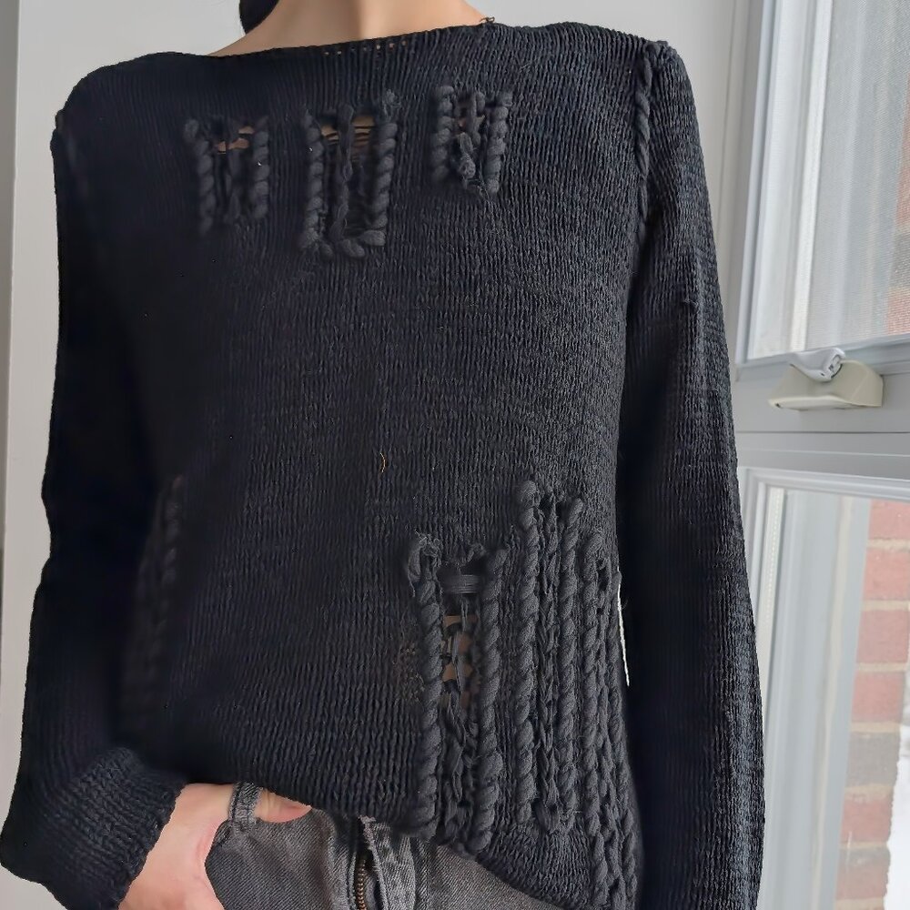 Distressed Black Braided Knit Sweater